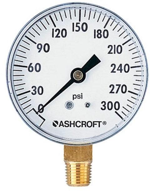 Ashcroft 2.5-inch bottom-connection utility pressure gauge, 0–300 psi, white dial with black numerals