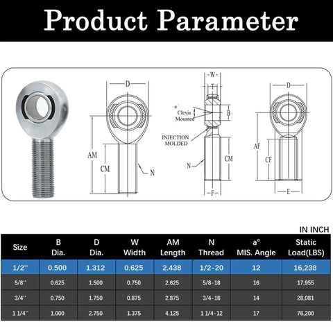 Technical diagram and specifications of 1/2 Heim Joints Rod End Kit with Right and Left Hand Threads for suspension applications