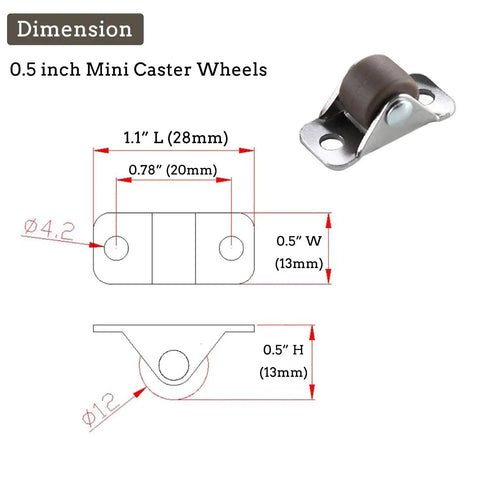 Mini Fixed Caster Wheels 0.5 Inch Low Profile Rubber Set Of 8 Self Adhesive Plate Caster Wheels dimensions and diagram