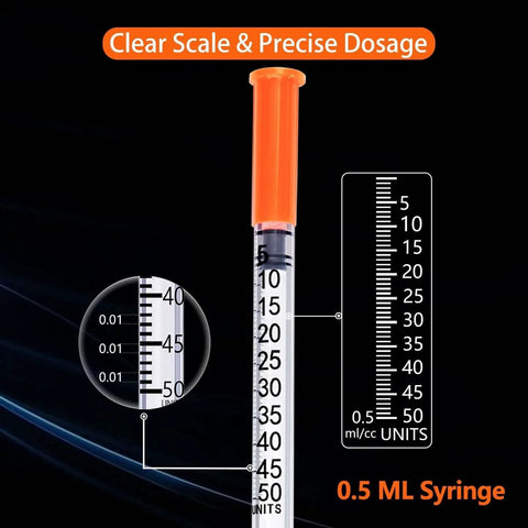 0.5 Milliliter Syringe With 31G 5/16 Inch Needle Pack Of 100 Sterile Individually Wrapped For Precise Lab Dosing, close-up of scale