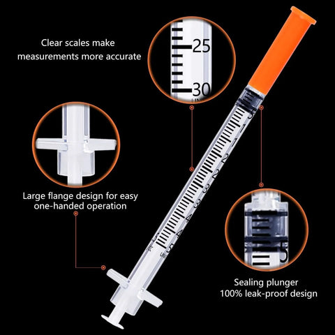 0.5 Milliliter Syringe With 31G 5/16 Inch Needle Pack Of 100 Sterile Individually Wrapped For Precise Lab Dosing with clear scales, large flange, and sealing plunger.