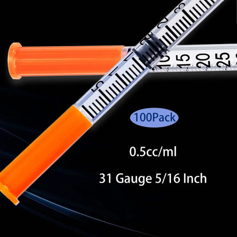 0.5 Milliliter Syringe With 31G 5/16 Inch Needle Pack Of 100, close-up of syringe with orange plunger and measurement markings.