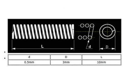 Diagram of a small 0.5mm wire diameter 3mm outer diameter 10mm length compression spring in 304 stainless steel.