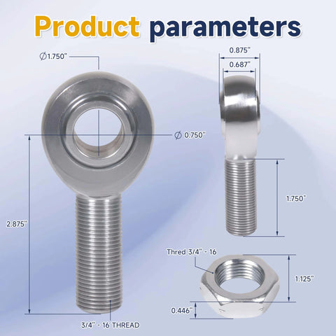 3/4 Heim Joints Rod End Kit with Right and Left Hand Threads, dimensions and parameters overview, 0.75 Chromoly Suspension and Steering Set