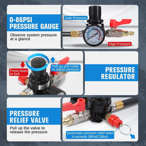 Turbo Boost Leak Tester Kit 10pc with pressure gauge, regulator, four adapters 1-3/8 to 3-1/2 in, US/EU fittings.