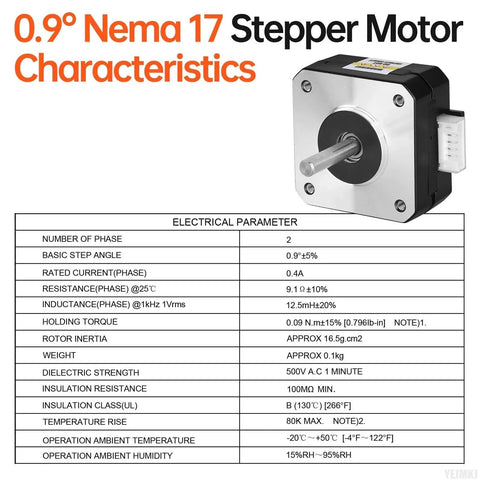 0.9° Nema 17 Stepper Motor 2 Phase High Torque 0.09Nm(12.75oz·in) Bipolar 0.4A 9.1Ω 42x21mm 4-Lead specifications