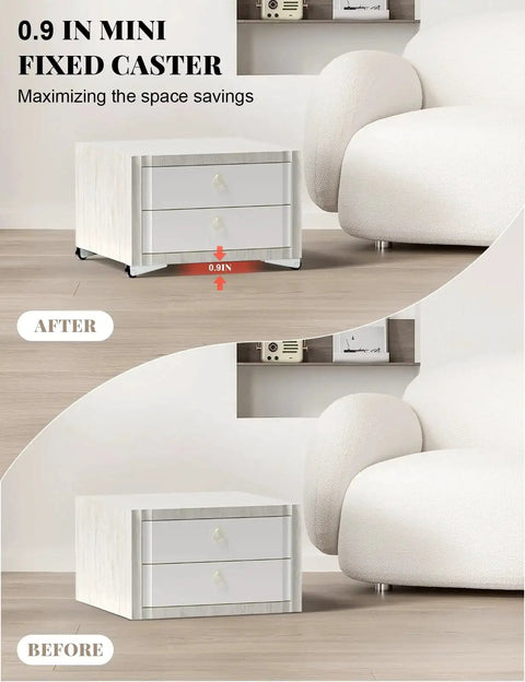 Four 0.9 Inch Low Profile Mini Casters Wheels for Furniture and DIY Projects, shown installed under a drawer unit.