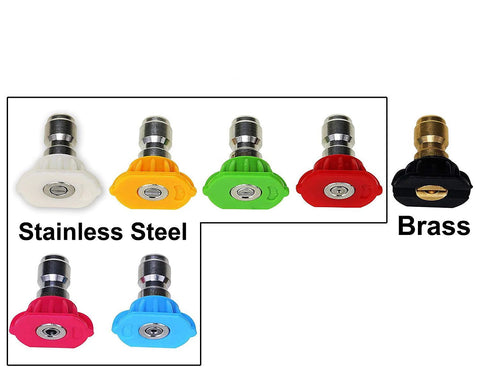 Pressure washer nozzle tips set, 7 pieces in assorted colors with 1/4 inch quick-connect and brass pivoting coupler