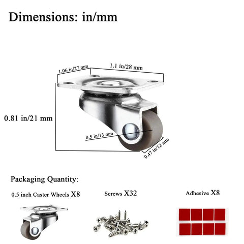 0.5 Inch Mini Caster Wheels Set Of 8 Low Profile Swivel Plate Casters With No Noise Rubber Wheels For Furniture Cabinets Small Appliances