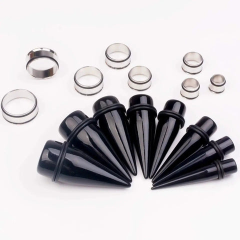 Essential 32 Piece 00G Ear Stretching Kit With Surgical Steel Tapers Tunnels And Acrylic Plugs in black for 1 Inch Gauge.