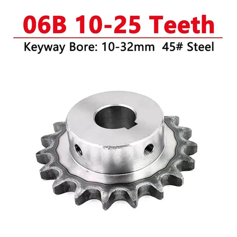 Front view of 06B 20 teeth industrial drive sprocket wheel, 45# steel chain gear, keyway bore 10-32mm