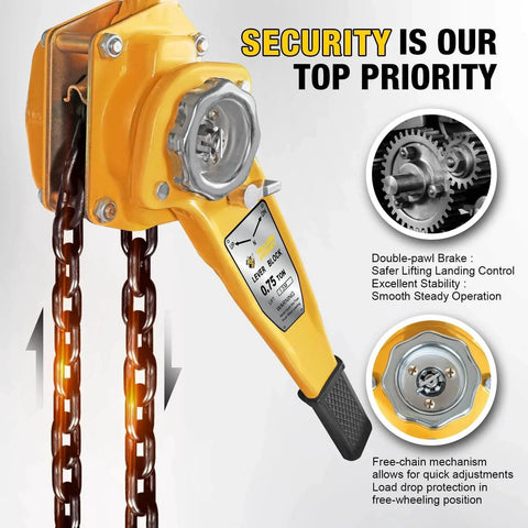 0.75 Ton Manual Lever Chain Hoist with G80 Galvanized Carbon Steel, double pawl brake system close-up, highlighting features.