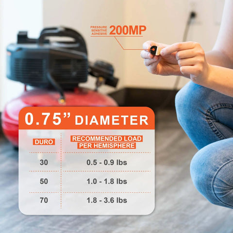 Person holding 0.75 Inch Diameter Hemisphere Rubber Bumpers With Adhesive, chart showing duro and load rates, compressor in background.