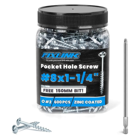 Container of Pocket Hole Screws 1-1/4 Inch, FIXLINK Pocket Screws #8 X 1-1/4", 600 PCS, Zinc Coated with 150MM Drive Bit