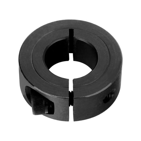 Durable 1-1/4 inch bore shaft collars set in 1045 steel, four-piece split clamp design with M4 screws, front view