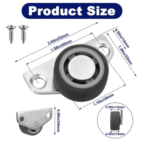 Diagram of 16 Piece Low Profile Side Mount Casters 1.15 Inch Gray Non Swivel Rigid Rubber Wheels 35 Lb Capacity Each