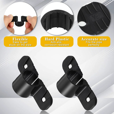 Two black plastic 1/2 inch pipe clamps for PEX, copper, and CPVC pipes; suspension supports.