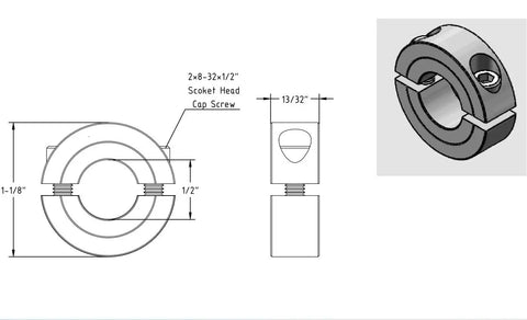 Technical diagram of Heavy Duty 4 Pack 1/2 Inch Bore Double Split Clamp On Shaft Collars With 8-32 Set Screws Carbon Steel Black Oxide Coated