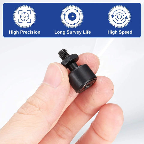 Hand holding uxcell 2Pcs CF-1/2-NSB CR8 Cam Follower Track Runner Bearings, Chrome Steel Roller Stud Track Bearing, close-up view