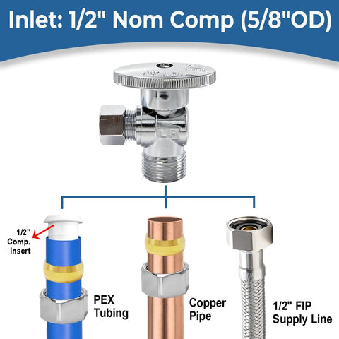 TTFLEX chrome angle stop valve, 1/2 in nominal compression inlet x 3/8 in outlet, 1/4-turn shutoff for toilet plumbing