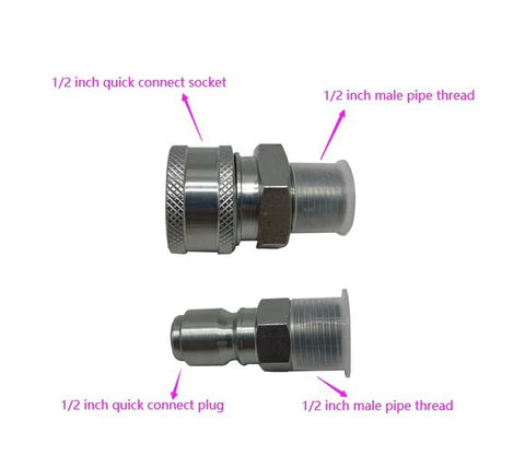Quick connect kit, 1/2 in male pipe thread, two silver metal pressure washer adapters, 5000 PSI