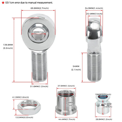 Diagram of 1.25 inch Heim Joint Rod End Kit, chromoly rod ends with measurements, heat treated, chrome plated, right and left hand thread.