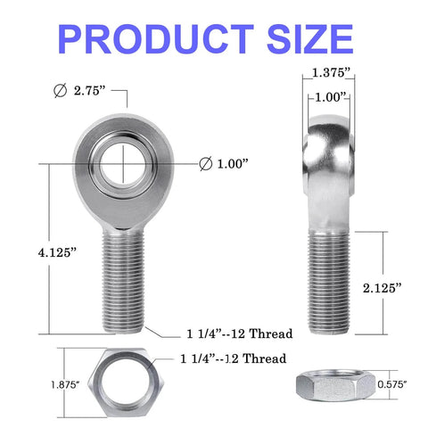 1.25 inch Heim joint rod end kit with tube adapters, misalignment spacers, jam nuts, chromoly joints for steering and suspension