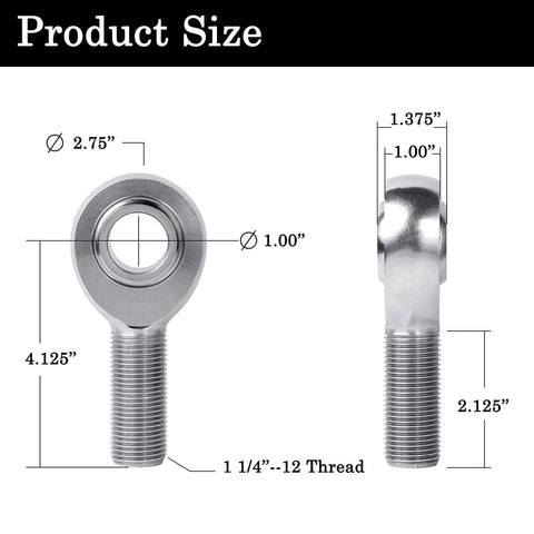Dimensions diagram of 1.25 Heim Joint Rod End Kit with Right Hand Thread, featuring 1 1/4 Chromoly heat treated rod end with measurements.