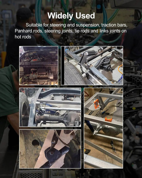 Collage showing various uses of 1.25 inch Heim Joint Rod End Kit with focus on steering and suspension in hot rod setups.