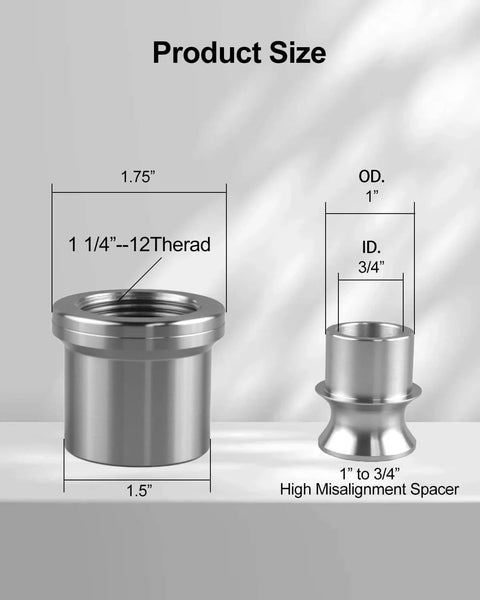 1.25 inch Heim Joint Rod End Kit components including chromoly rod end, spacer, and tube adapter with size dimensions for steering & suspension.