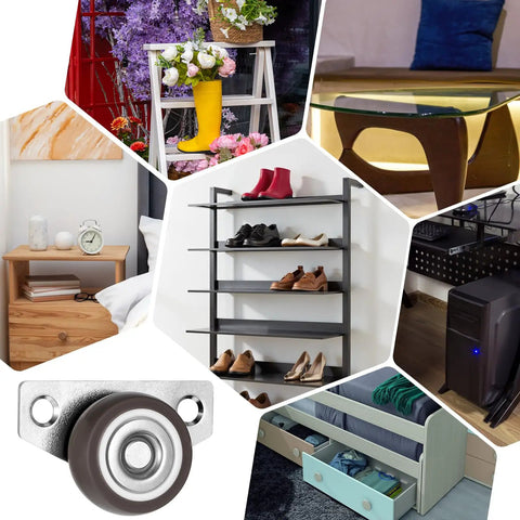 Mini Side Mount Casters 1.25 Inch With Mounting Screws For Furniture Rolling Cabinets Drawers Trundle Beds And Small DIY Projects Space Saving Low Profile Casters With Premium Steel Construction 4 Pieces For Under Bed Storage And Lightweight Furniture shown in lifestyle applications.