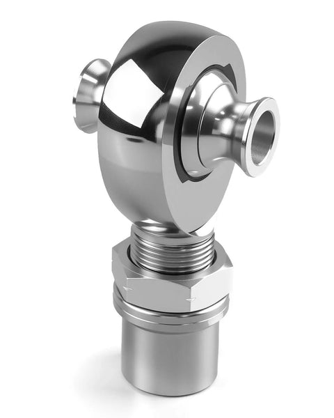 1.25 inch Heim Joint Rod End Kit, left hand thread chromoly rod end shown in a side view, heat treated chrome plated finish.