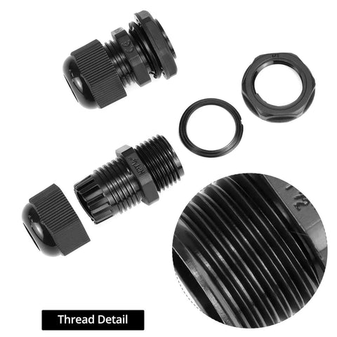 1/2 Inch NPT Nylon Cord Grip Cable Glands Waterproof IP68 Strain Relief Pack Of 20 Black with close-up of thread detail