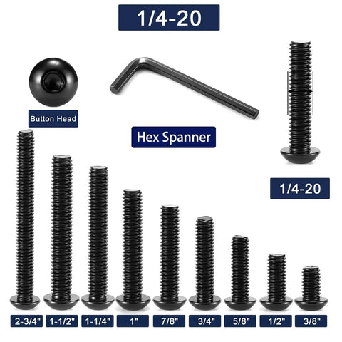 Assorted 20 Pieces 1/4-20 Button Head Socket Cap Screws Set In 304 Stainless Steel 18-8 Black Oxide With Allen Hex Drive and Spanner
