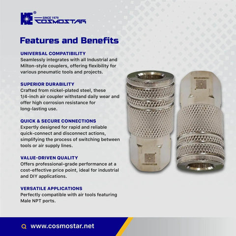1/4 Inch Air Coupler Quick Connect CFNPT Style Nickel Plated Steel Industrial Pneumatic Coupler With 1/4 Inch Flow Size And 1/4 Inch Female NPT Thread Built Tough For Daily Shop Use And Universal Tool Compatibility