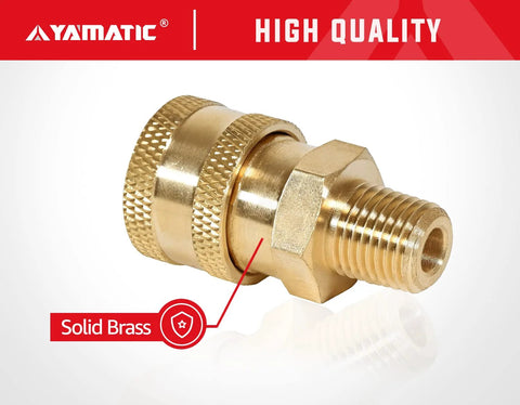 Brass pressure washer fitting with solid brass body, 1/4 in NPT male to 1/4 in socket and quick-connect coupler.