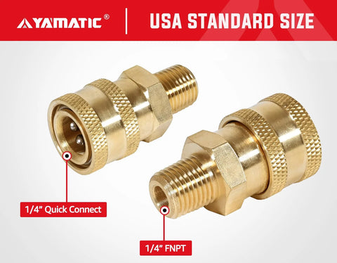 Two brass YAMATIC pressure washer fittings, 1/4 in FNPT to 1/4 in quick-connect