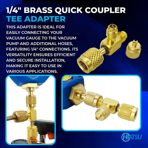 Brass 1/4-inch quick-coupler tee adapter set with knurled fittings, Hiatsu logo visible on blue background.