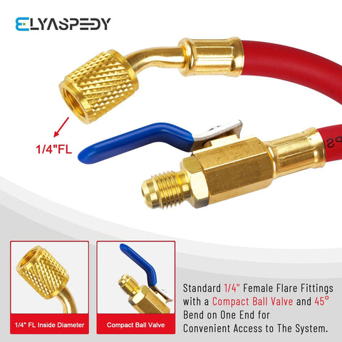 ELYASPEEDY 1/4-inch flare hose set with brass adapters and blue lever valve; red hoses, 9 in, pack of 3