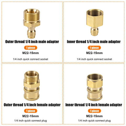 Gosknor 4-piece brass M22-15mm to 1/4in pressure washer adapters set with quick-connect fittings