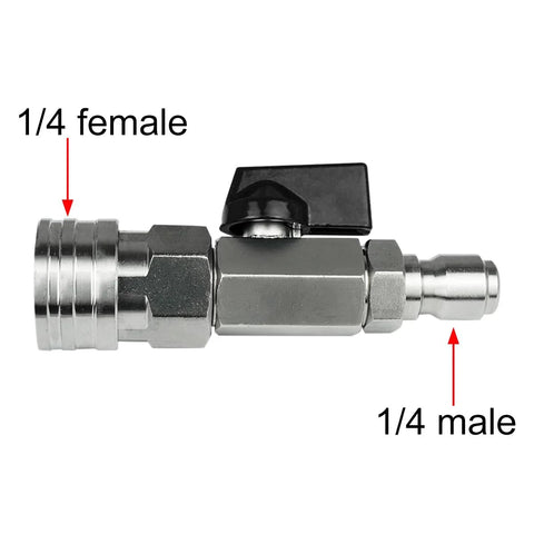 Ball valve with 1/4 in female and 1/4 in male quick-connect fittings, chrome metal, lever handle for high-pressure washer hose