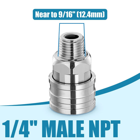 Stainless steel 1/4-inch NPT pressure washer adapter with quick-connect socket to 1/4-inch male NPT