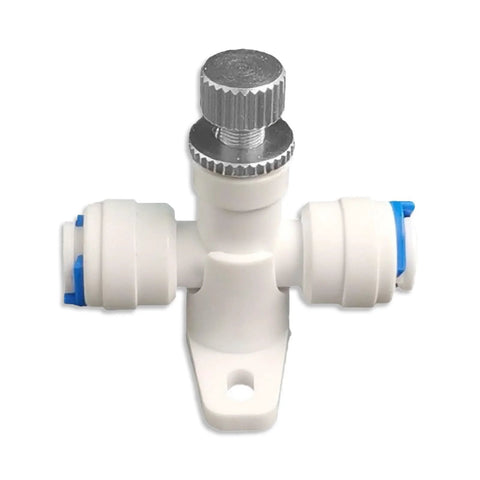 Needle valve 1/4 in flow regulator, white plastic T-fitting with knurled metal knob and blue side fittings