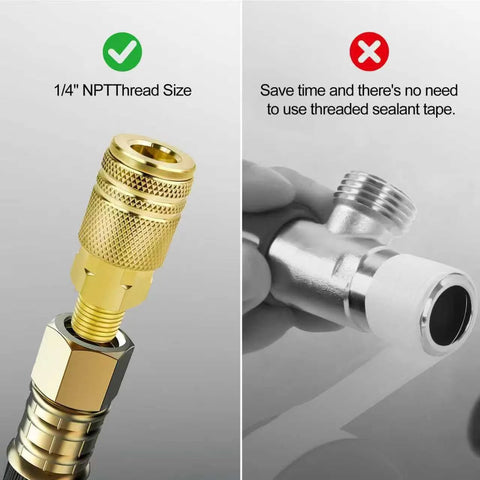 Two 1/4 in NPT M-style air couplers, brass high-flow fittings with knurled grip.