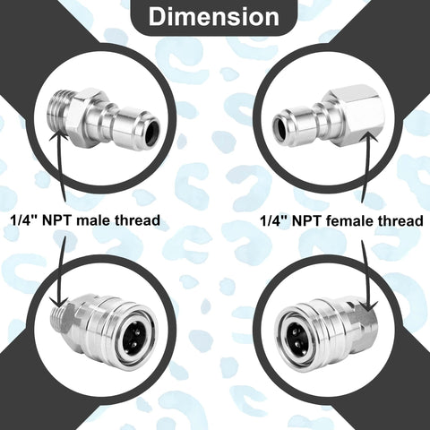 POWER TOWN 1/4 in NPT pressure washer fittings set, stainless steel, front view with male and female adapters
POWER TOWN 1/4 in NPT pressure washer fittings set, stainless steel, side view of quick-connect adapters
POWER TOWN 1/4 in NPT pressure washer fittings set, stainless steel close-up of male and female ends
POWER TOWN 1/4 in NPT pressure washer fittings set, stainless steel angled view of adapters