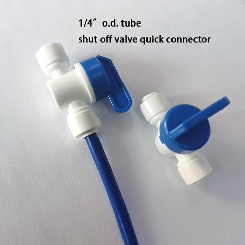 1/4 in OD tube shut-off valve quick connector with blue lever; white fittings, 2 units shown