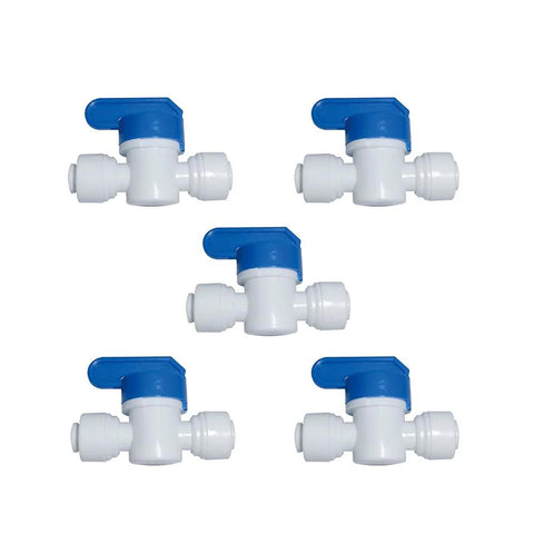Ball valve quick connector for 1/4 in OD tubing, white body with blue lever, RO system tube fittings, set of 5