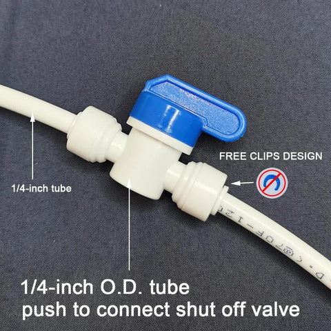 Malida 1/4 in O.D. tube water line quick connector ball valve; white plastic body with blue lever for RO systems