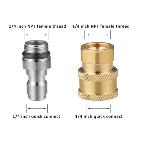 Pressure washer adapter set, 2-pack; silver and brass 1/4-inch NPT female to quick-connect fittings.