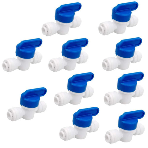 Pack of 10 inline shut-off ball valves with blue lever for 1/4 in tubing, white quick-connect fittings.